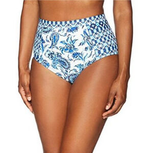 NEW COASTAL BLUE Floral Tropical High Waisted Blue & White Bikini Bottom M